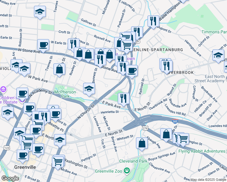 map of restaurants, bars, coffee shops, grocery stores, and more near 7 Fern Avenue in Greenville