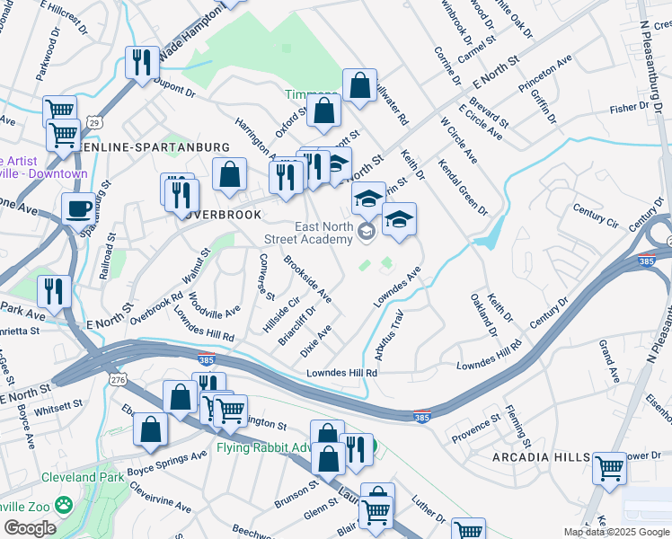 map of restaurants, bars, coffee shops, grocery stores, and more near 50 Briarcliff Drive in Greenville