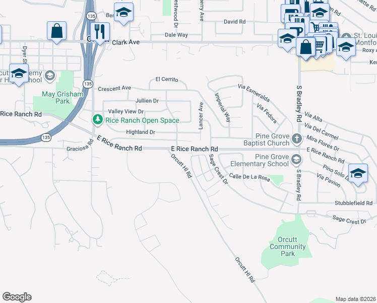 map of restaurants, bars, coffee shops, grocery stores, and more near 5605 Kai Court in Orcutt