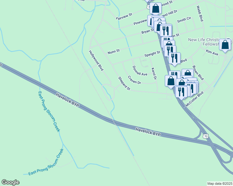 map of restaurants, bars, coffee shops, grocery stores, and more near 104 South Forest Circle in Havelock