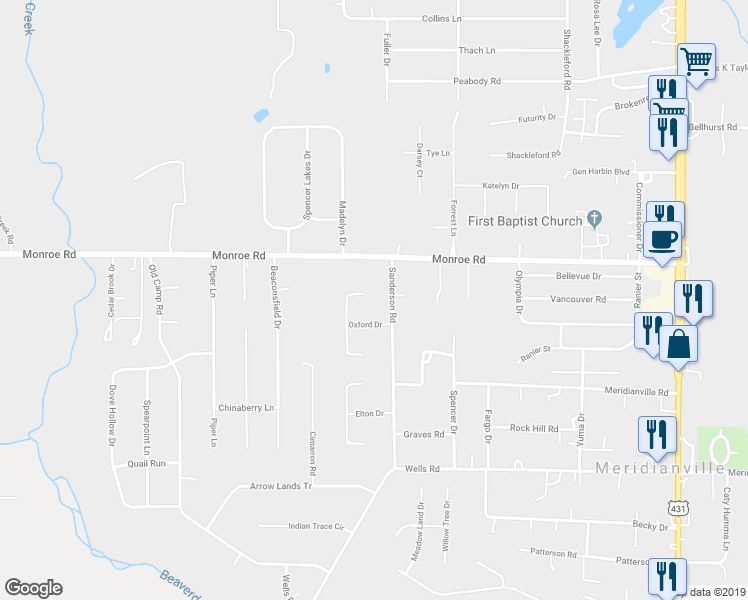 map of restaurants, bars, coffee shops, grocery stores, and more near 311 North Oxford Circle in Meridianville
