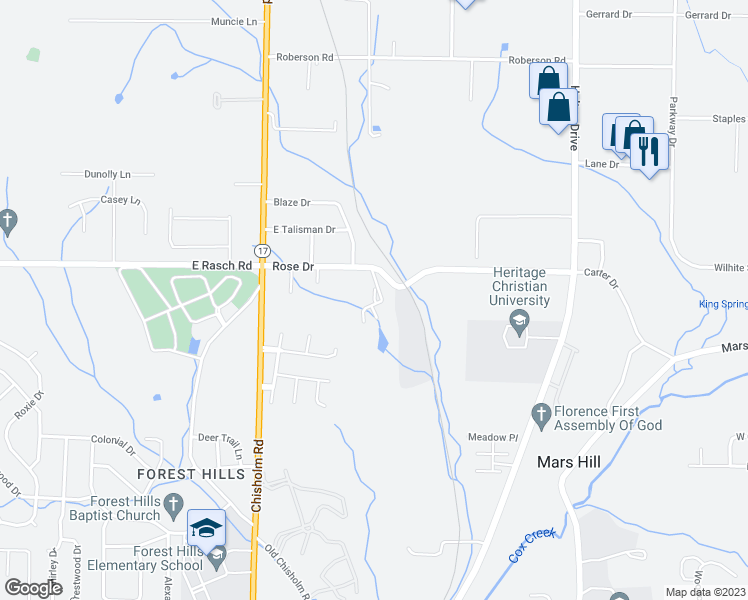 map of restaurants, bars, coffee shops, grocery stores, and more near 3505 Helton Drive in Florence