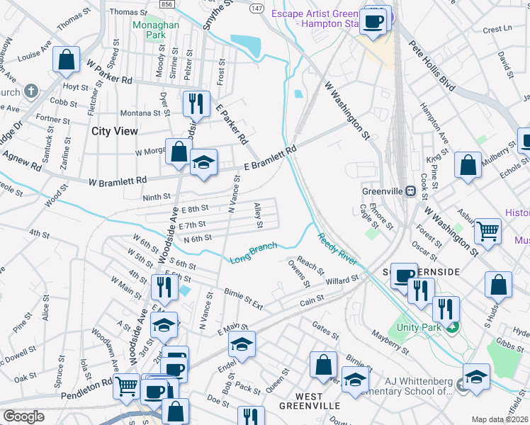 map of restaurants, bars, coffee shops, grocery stores, and more near 79 East 7th Street in Greenville