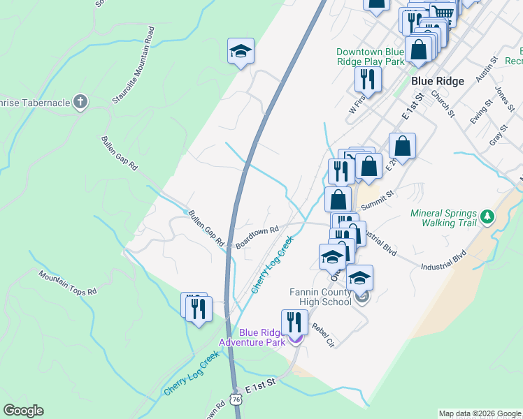 map of restaurants, bars, coffee shops, grocery stores, and more near 24 Bradley Street in Blue Ridge