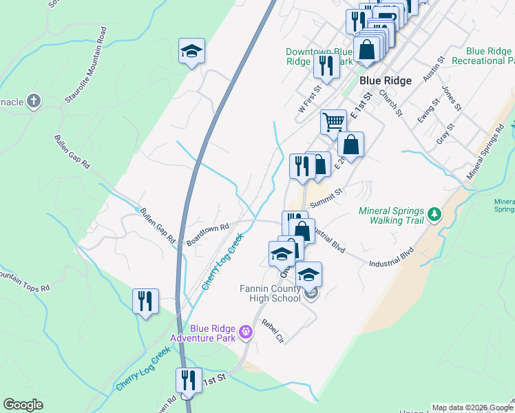 map of restaurants, bars, coffee shops, grocery stores, and more near 326 Boardtown Road in Blue Ridge