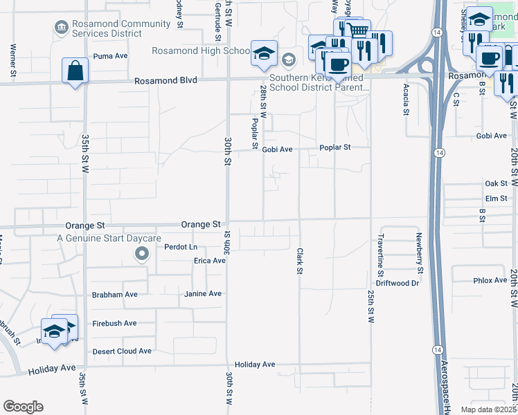map of restaurants, bars, coffee shops, grocery stores, and more near 2549 28th Street West in Rosamond