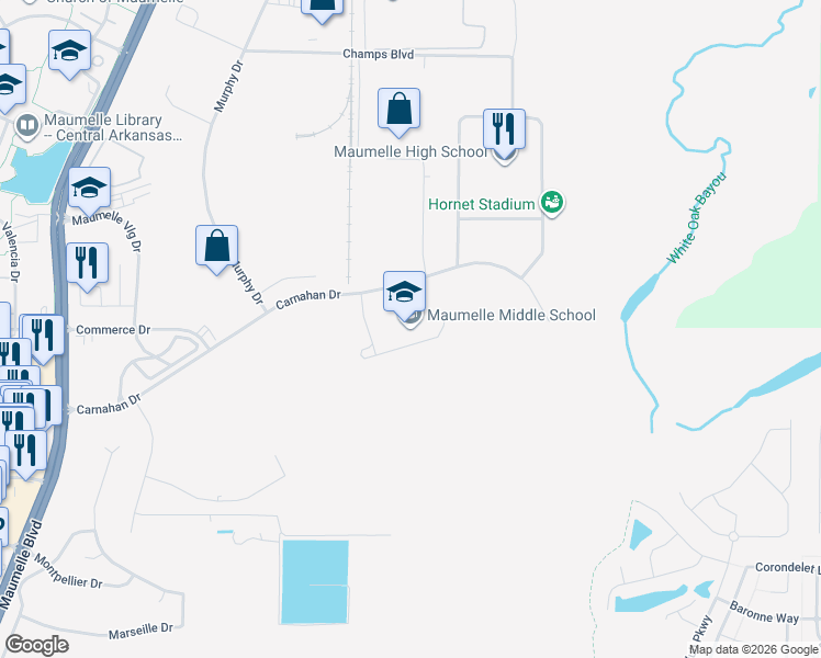 map of restaurants, bars, coffee shops, grocery stores, and more near 1000 Carnahan Drive in Maumelle