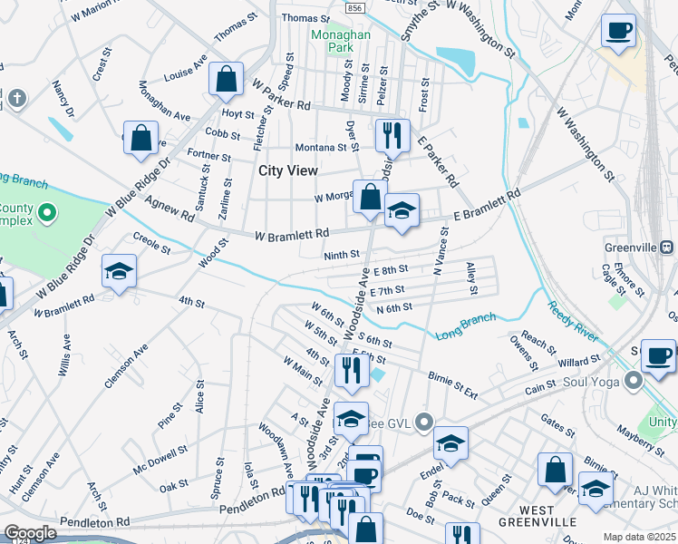 map of restaurants, bars, coffee shops, grocery stores, and more near 25 West 8th Street in Greenville
