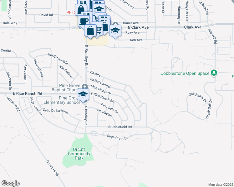map of restaurants, bars, coffee shops, grocery stores, and more near 1221 Mira Flores Drive in Santa Maria