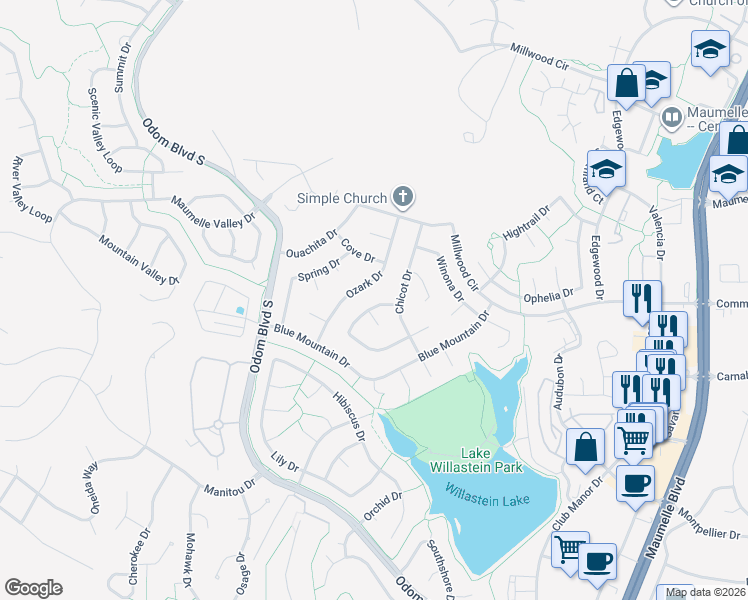 map of restaurants, bars, coffee shops, grocery stores, and more near 21 Sugarloaf Loop in Maumelle