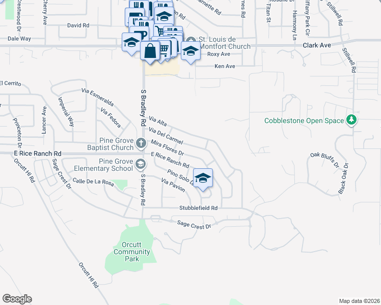 map of restaurants, bars, coffee shops, grocery stores, and more near 1215 Mira Flores Drive in Santa Maria