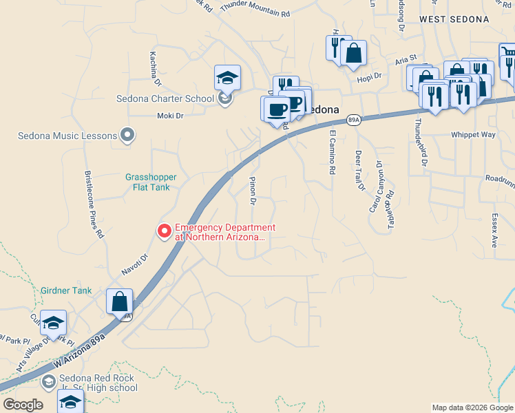 map of restaurants, bars, coffee shops, grocery stores, and more near 235 El Camino Grande in Sedona
