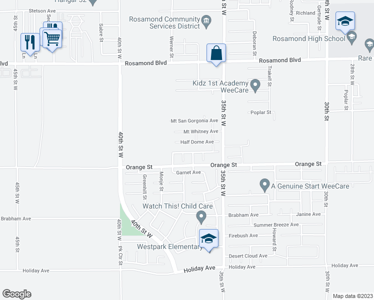 map of restaurants, bars, coffee shops, grocery stores, and more near 3651 Monument Hills Avenue in Rosamond