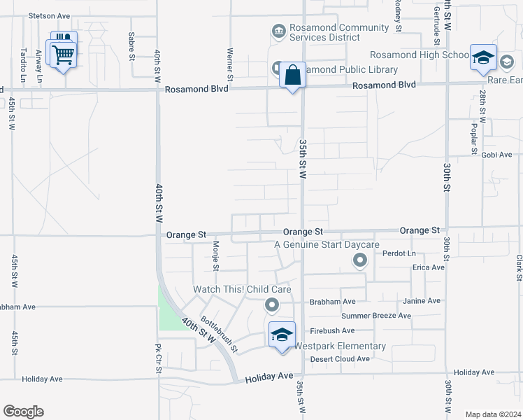 map of restaurants, bars, coffee shops, grocery stores, and more near 3631 Monument Hills Avenue in Rosamond