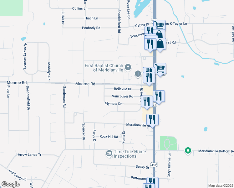 map of restaurants, bars, coffee shops, grocery stores, and more near 147 Olympia Drive in Meridianville