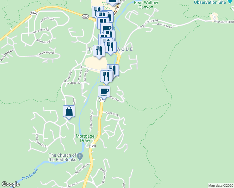 map of restaurants, bars, coffee shops, grocery stores, and more near 150 Sombart Lane in Sedona
