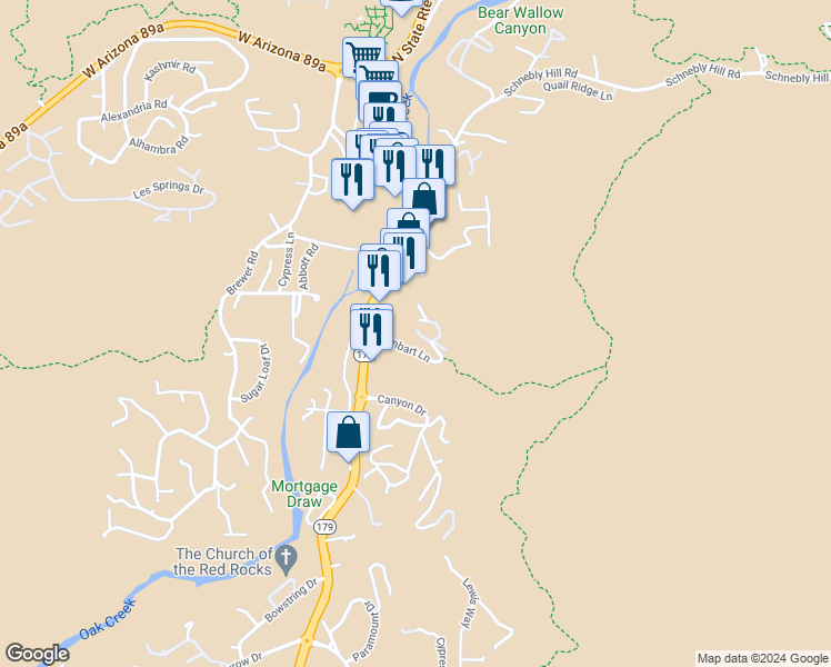 map of restaurants, bars, coffee shops, grocery stores, and more near 150 Sombart Lane in Sedona
