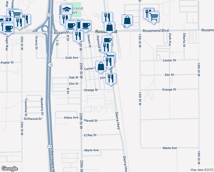 map of restaurants, bars, coffee shops, grocery stores, and more near 2475 Sierra Highway in Rosamond