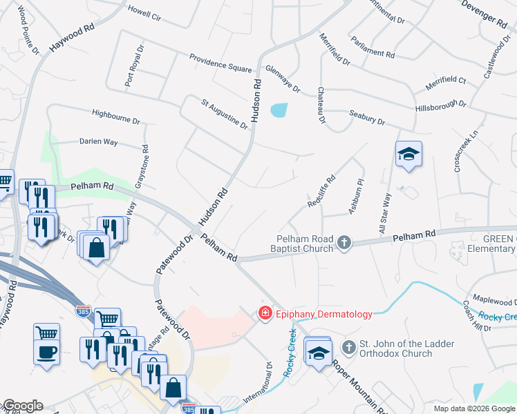 map of restaurants, bars, coffee shops, grocery stores, and more near 14 Country Squire Court in Greenville