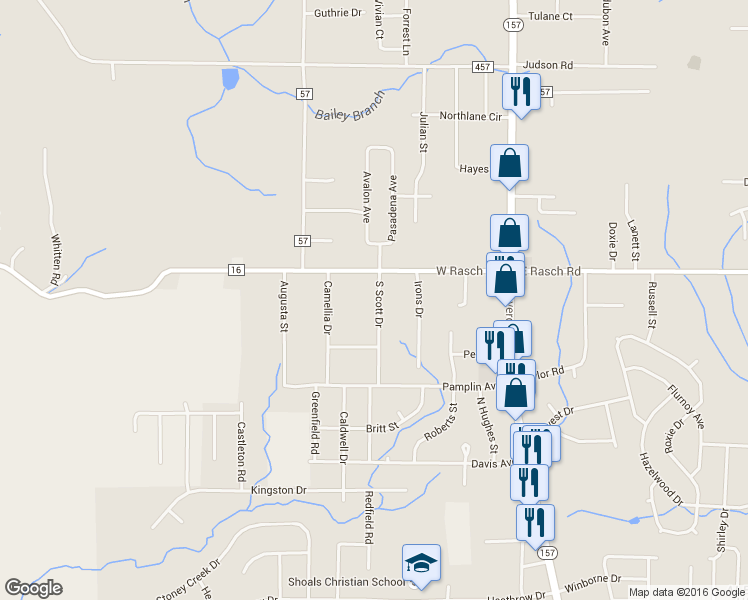 map of restaurants, bars, coffee shops, grocery stores, and more near 103 South Scott Drive in Florence