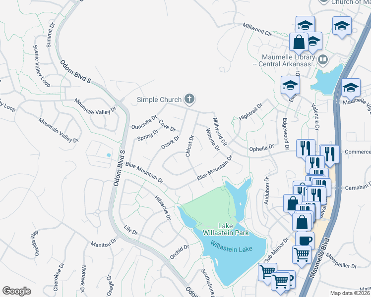 map of restaurants, bars, coffee shops, grocery stores, and more near 7 Chicot Drive in Maumelle
