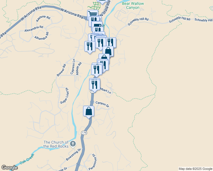 map of restaurants, bars, coffee shops, grocery stores, and more near 150 Sombart Lane in Sedona