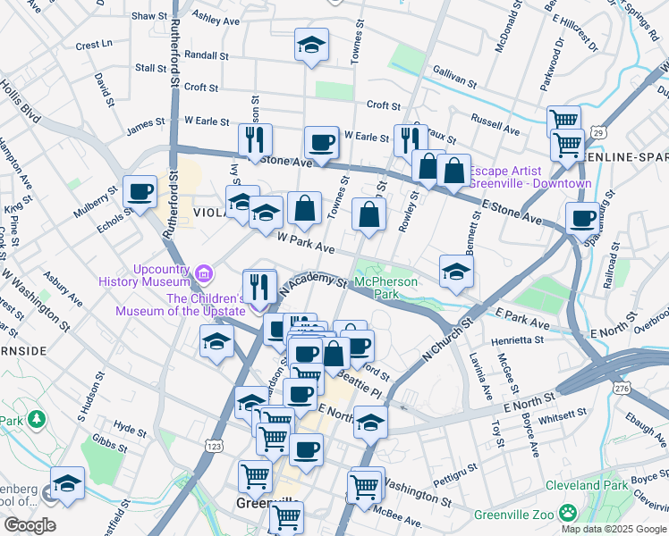 map of restaurants, bars, coffee shops, grocery stores, and more near 12 West Park Avenue in Greenville