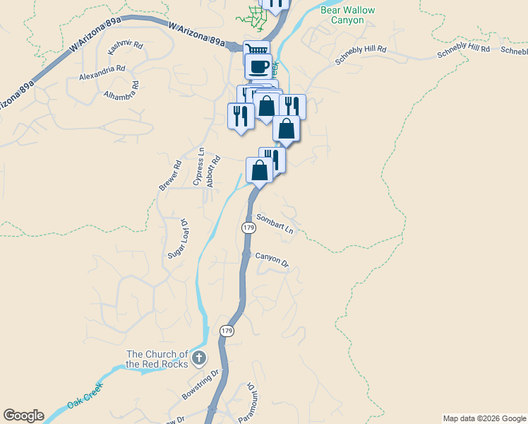 map of restaurants, bars, coffee shops, grocery stores, and more near in Sedona