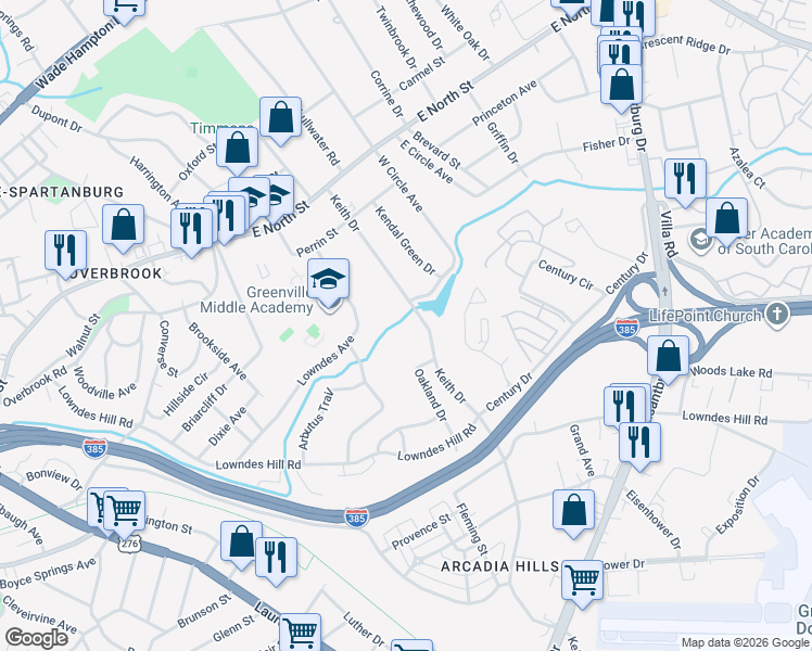 map of restaurants, bars, coffee shops, grocery stores, and more near 146 Keith Drive in Greenville