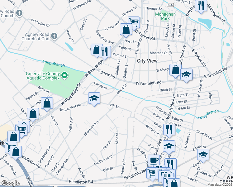 map of restaurants, bars, coffee shops, grocery stores, and more near 1409 West Bramlett Road in Greenville