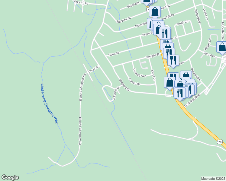 map of restaurants, bars, coffee shops, grocery stores, and more near 101 South Forest Drive in Havelock