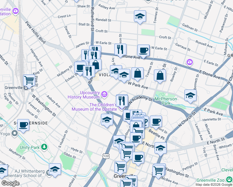 map of restaurants, bars, coffee shops, grocery stores, and more near 112 Atwood Street in Greenville