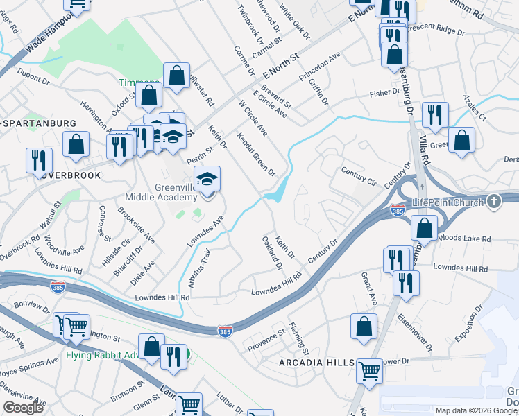 map of restaurants, bars, coffee shops, grocery stores, and more near 146 Keith Drive in Greenville