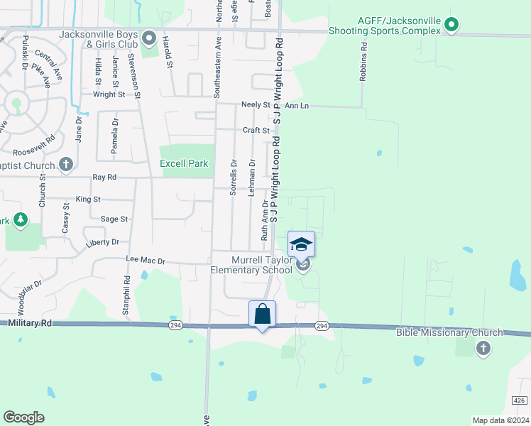 map of restaurants, bars, coffee shops, grocery stores, and more near 1004 Ruth Ann Drive in Jacksonville