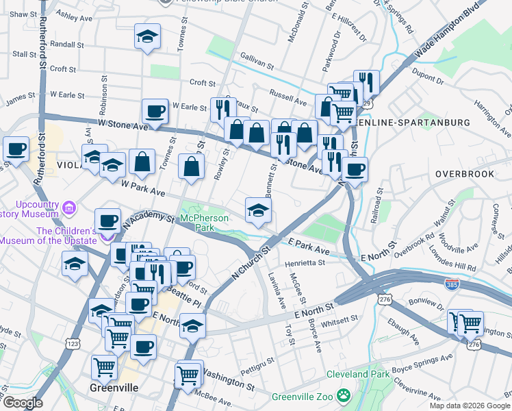 map of restaurants, bars, coffee shops, grocery stores, and more near 18 Poinsett Avenue in Greenville