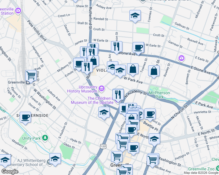 map of restaurants, bars, coffee shops, grocery stores, and more near 112 Atwood Street in Greenville
