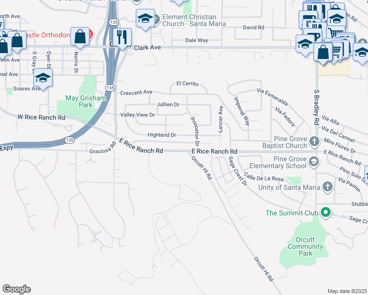 map of restaurants, bars, coffee shops, grocery stores, and more near 454 Highland Drive in Santa Maria