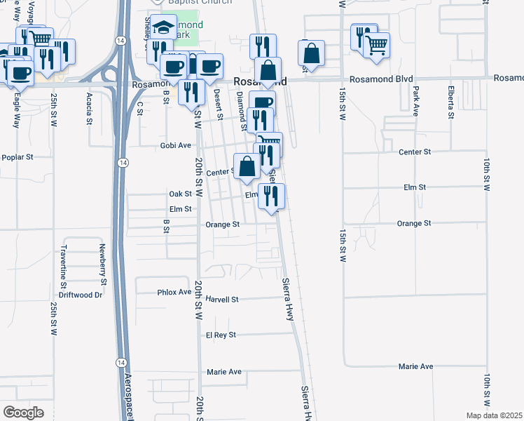 map of restaurants, bars, coffee shops, grocery stores, and more near 2561 Sierra Highway in Rosamond