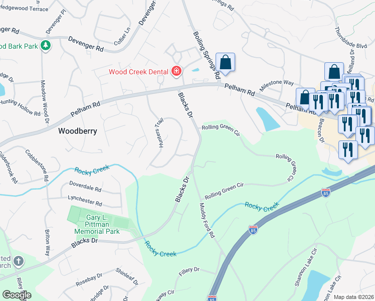 map of restaurants, bars, coffee shops, grocery stores, and more near 302 Hunters Trail in Greenville