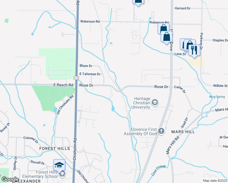 map of restaurants, bars, coffee shops, grocery stores, and more near 154 Rose Drive in Florence