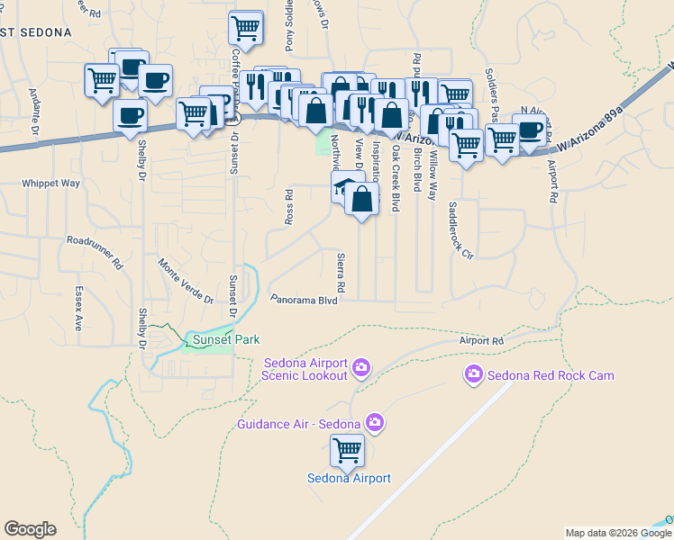 map of restaurants, bars, coffee shops, grocery stores, and more near 135 Sierra Road in Sedona