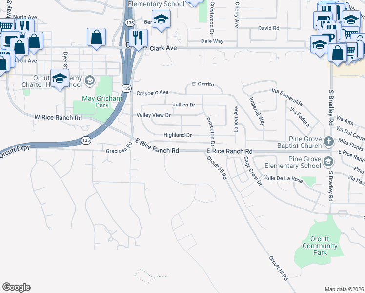 map of restaurants, bars, coffee shops, grocery stores, and more near 398 Highland Drive in Santa Maria