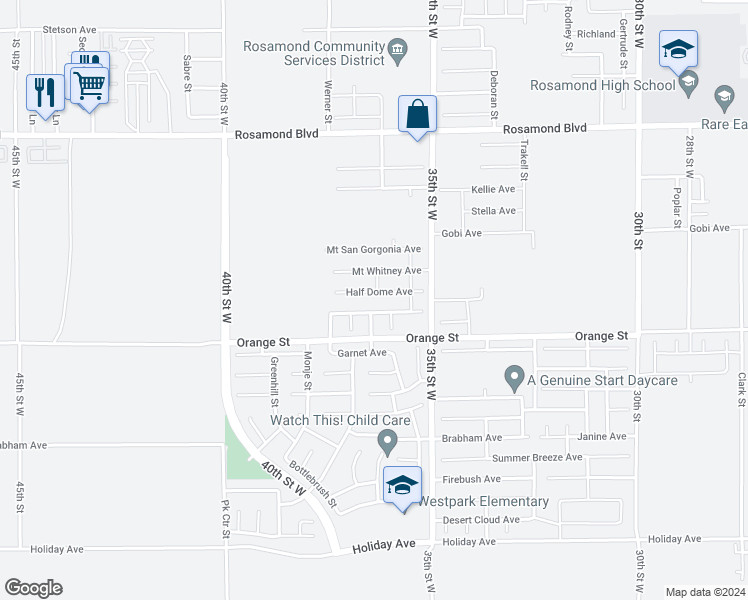 map of restaurants, bars, coffee shops, grocery stores, and more near 3632 Half Dome Avenue in Rosamond