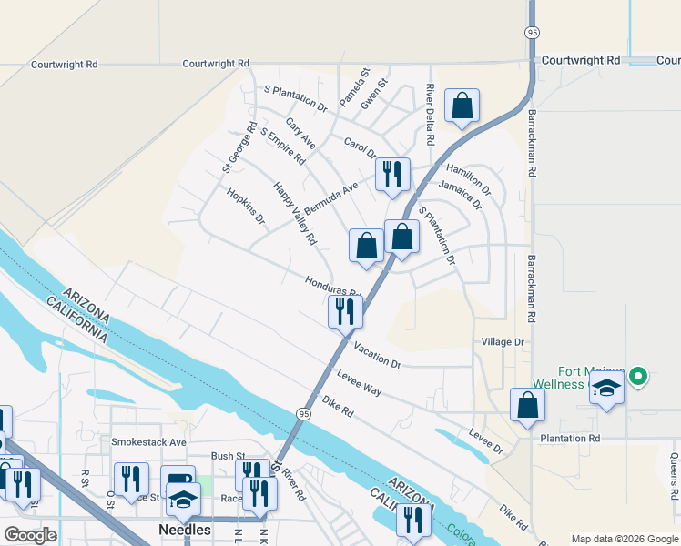 map of restaurants, bars, coffee shops, grocery stores, and more near 10236 Happy Valley Road in Mohave Valley