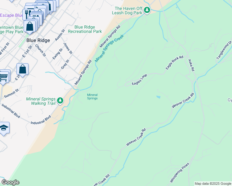 map of restaurants, bars, coffee shops, grocery stores, and more near 89 Eagles Ridge Way in Blue Ridge