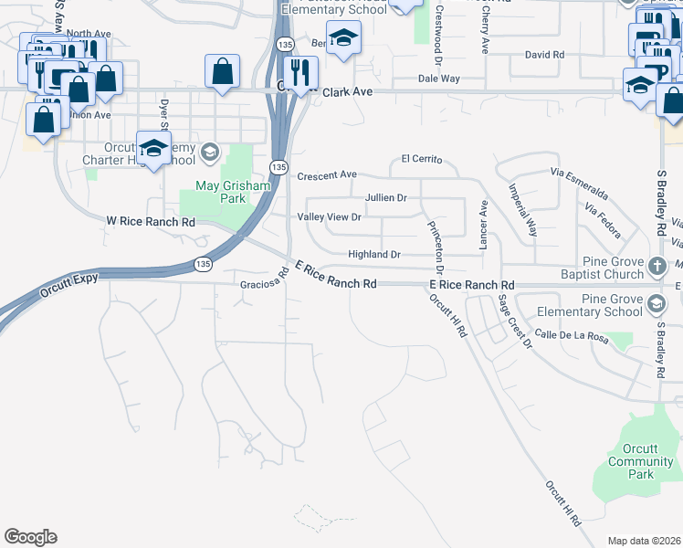 map of restaurants, bars, coffee shops, grocery stores, and more near 300 Highland Drive in Santa Maria
