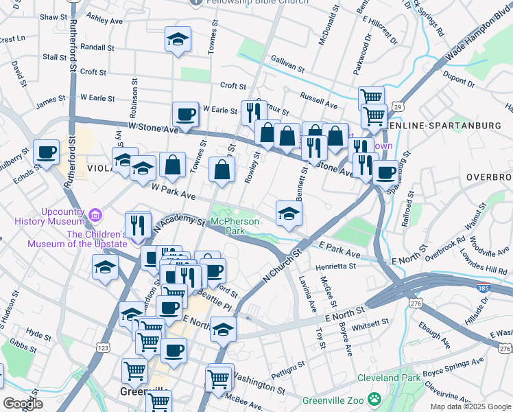 map of restaurants, bars, coffee shops, grocery stores, and more near in Greenville