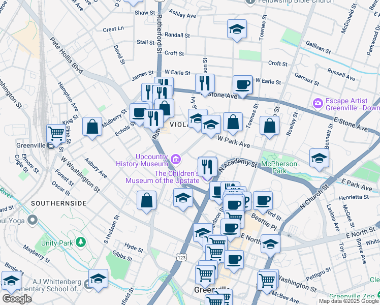 map of restaurants, bars, coffee shops, grocery stores, and more near 21 Atwood Street in Greenville