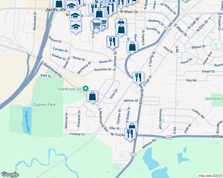 map of restaurants, bars, coffee shops, grocery stores, and more near 1005 South James Street in Jacksonville