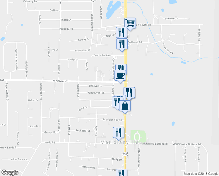 map of restaurants, bars, coffee shops, grocery stores, and more near 102 Bellevue Drive in Meridianville